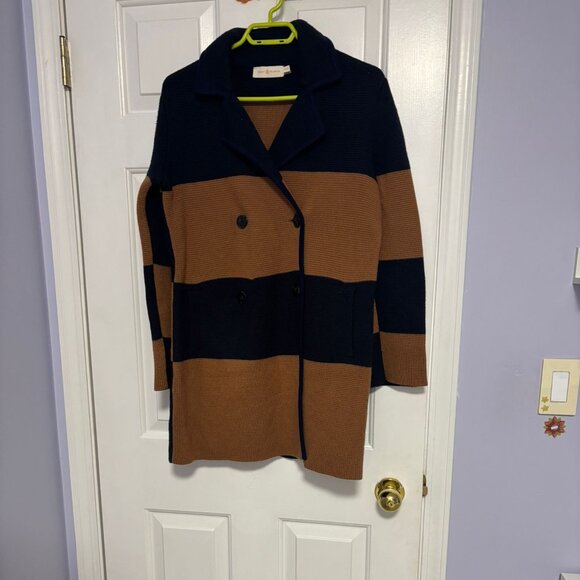Tory Burch Navy & Camel Striped Knit coat - Picture 1 of 1